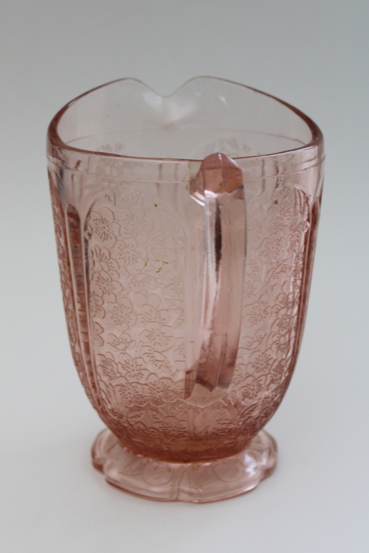 cherry blossom pink depression glass pitcher w/ flaw, 1930s vintage Jeannette glass