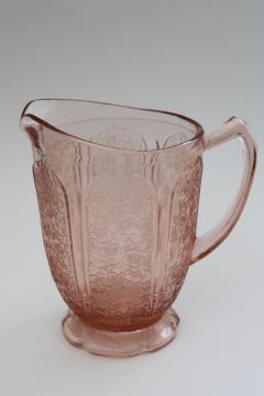 cherry blossom pink depression glass pitcher w/ flaw, 1930s vintage Jeannette glass