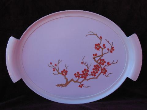 cherry blossoms print melmac tray, mid-century mod vintage melamine