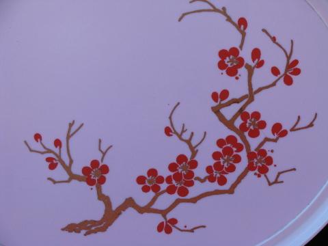 cherry blossoms print melmac tray, mid-century mod vintage melamine