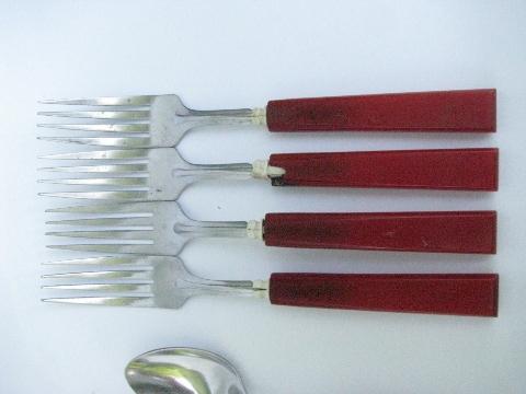 cherry red bakelite handles vintage flatware lot, spoons, forks, knives