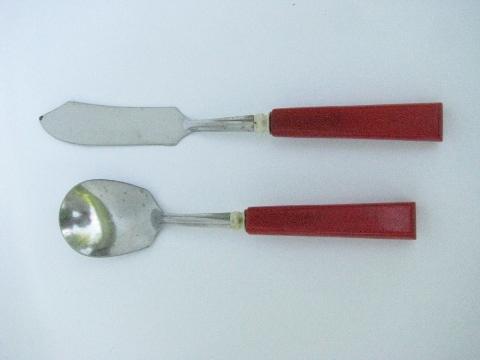 cherry red bakelite handles vintage flatware lot, spoons, forks, knives