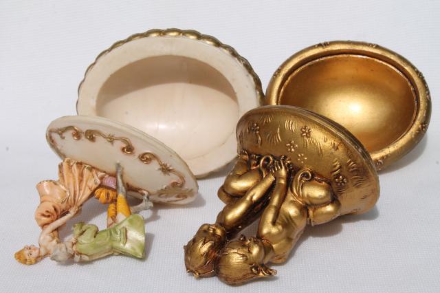 cherubs & baby angels Depose Italy vintage composition plastic egg shaped boxes & stands for eggs