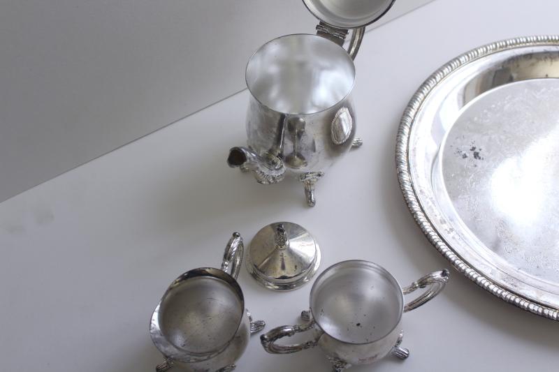 child's size vintage silver plated tea pot set, tea party toy doll dishes