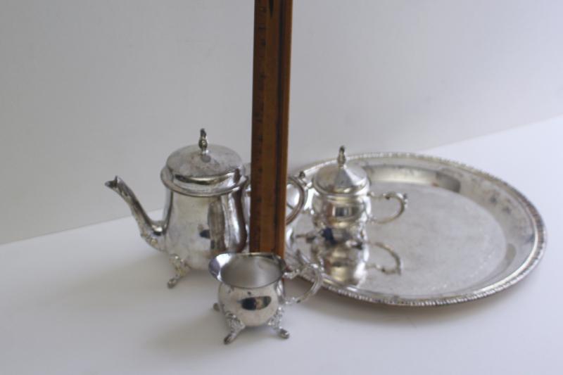 child's size vintage silver plated tea pot set, tea party toy doll dishes