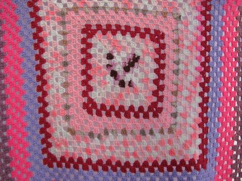child's size throw or blanket, vintage crochet granny square afghan - pink!