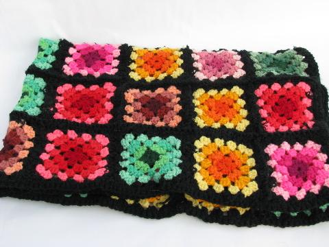 child's size throw or blanket, vintage crocheted granny square afghan, black w/ brights