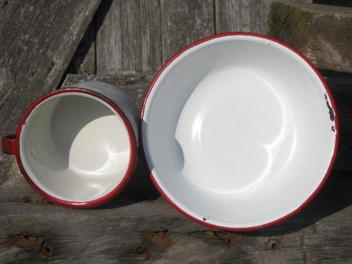 child's size vintage bowl and cup, primitive old red and white enamelware