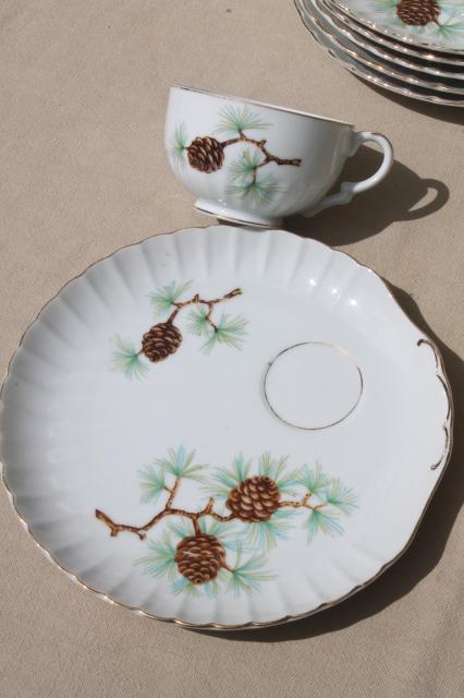 china snack sets w/ rustic pine pinecones pattern plates & tea cups, vintage holiday dishes