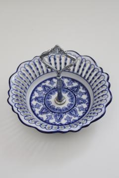 chinoiserie blue  white china candy tray w/ center handle, fancy serving dish or jewelry holder