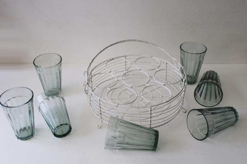chippy white wirework rack w/ recycled glass tumblers, green bubbled glass vases