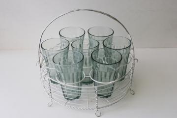 chippy white wirework rack w/ recycled glass tumblers, green bubbled glass vases