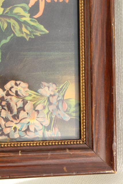 chrysanthemums antique color litho print still life floral picture in old wood frame