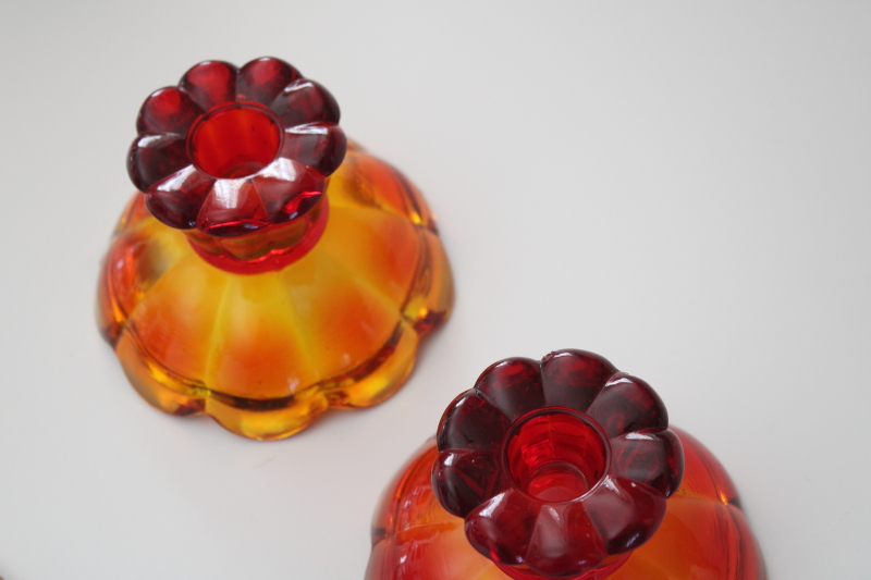 chunky amberina glass candle holders, mod vintage orange glass w/ UV glow, Viking or LE Smith?