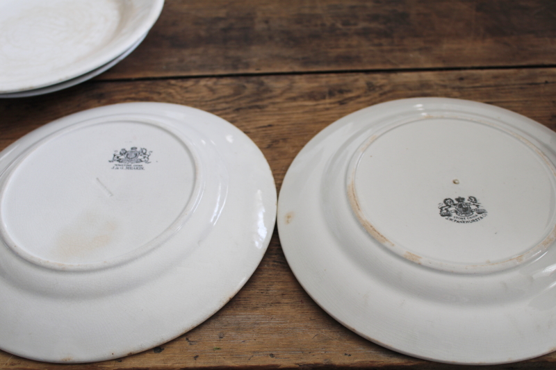 chunky old white ironstone china plates, antique English backstamps Royal Arms marks