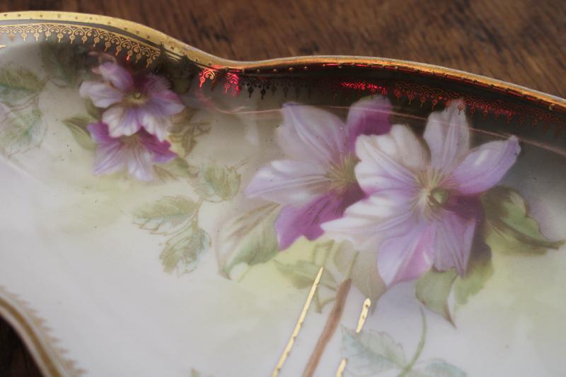 circa 1900 antique German china tray, oblong dish / hand painted clematis floral
