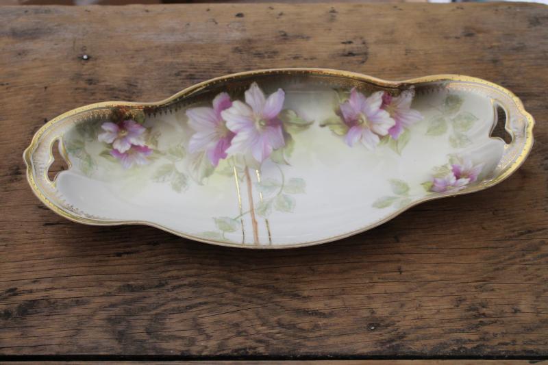 circa 1900 antique German china tray, oblong dish / hand painted clematis floral