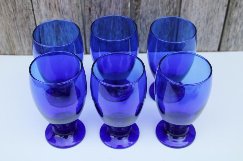 classic cobalt blue glass drinking glasses, vintage set of footed tumblers
