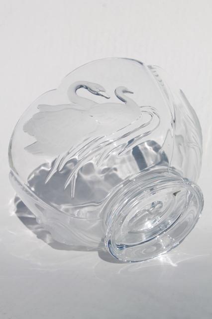 clear frosted crystal glass bowl w/ swans, rose bowl or centerpiece for flowers