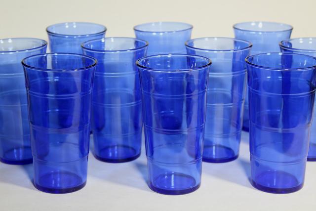 cobalt blue depression glass tumblers, stacked panel ring band pattern drinking glasses