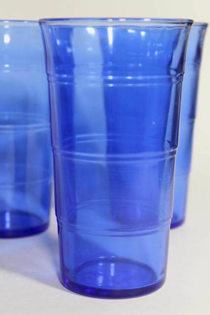 cobalt blue depression glass tumblers, stacked panel ring band pattern drinking glasses