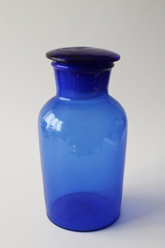 cobalt blue glass apothecary bottle w/ glass stopper lid, storage jar small canister