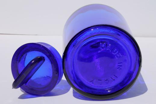 cobalt blue glass bottle canister jar w/ lid, vintage glassware made in Italy