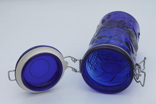 cobalt blue glass canister, french style fruit jar w/ seal & hinged lid