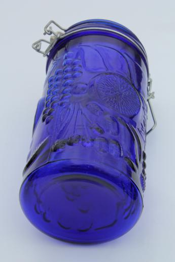 cobalt blue glass canister, french style fruit jar w/ seal & hinged lid