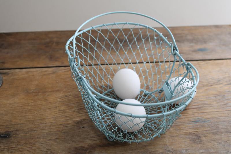 collapsible vintage wire egg basket w/ robins egg blue paint, french country kitchen style