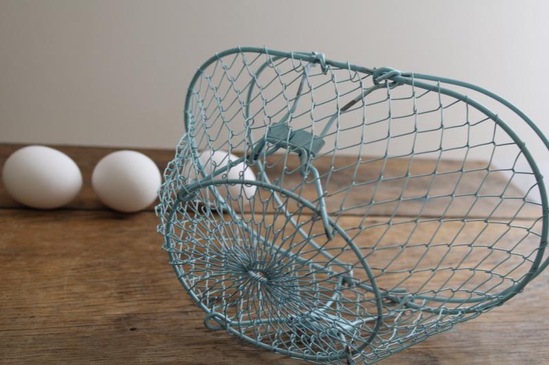 collapsible vintage wire egg basket w/ robins egg blue paint, french country kitchen style