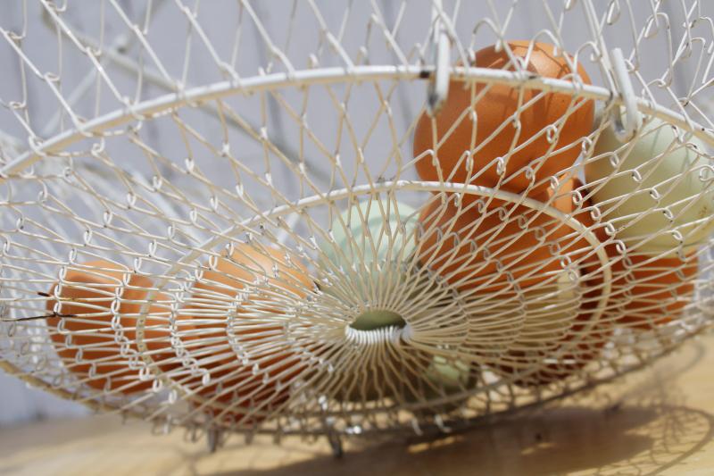 collapsible vintage wire egg basket w/ shabby chippy paint, french country kitchen style
