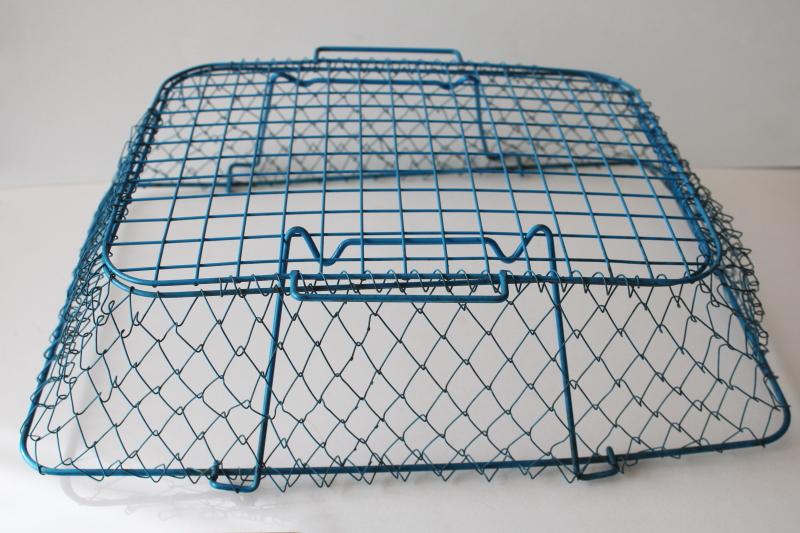 collapsible vintage wire farmers market basket w/ blue paint, french country kitchen style
