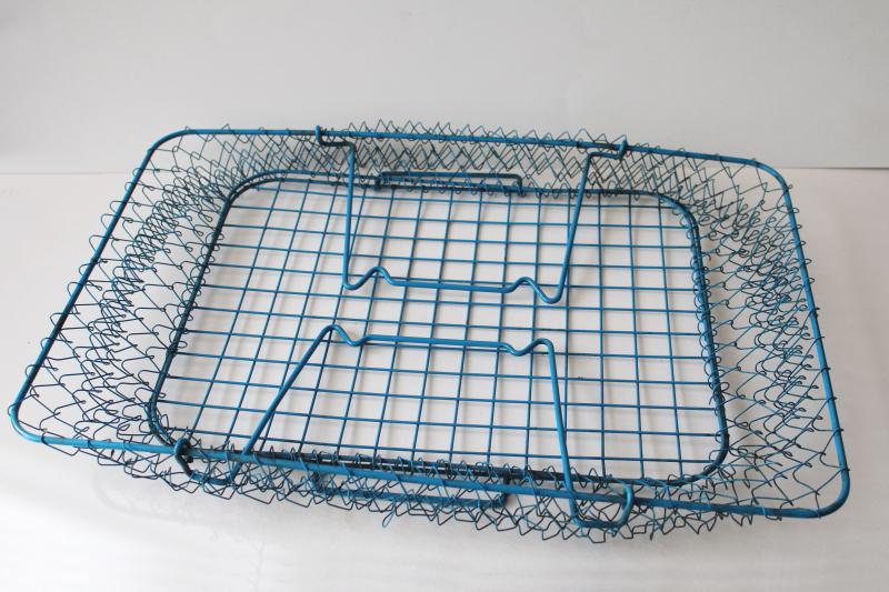 collapsible vintage wire farmers market basket w/ blue paint, french country kitchen style