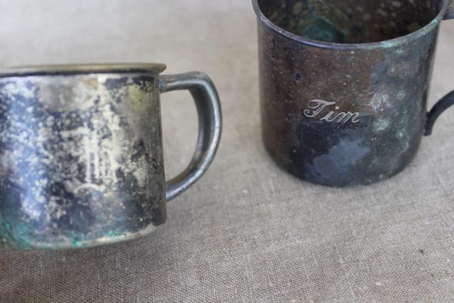 collection of antique vintage silver plate baby cups, small engraved mugs