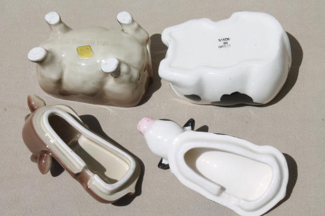 collection of cows, vintage ceramic jam pots cow herd, holsteins & little brown jersey