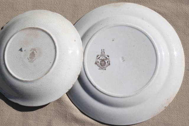 collection of old antique brown transferware ironstone china plates in mismatched patterns