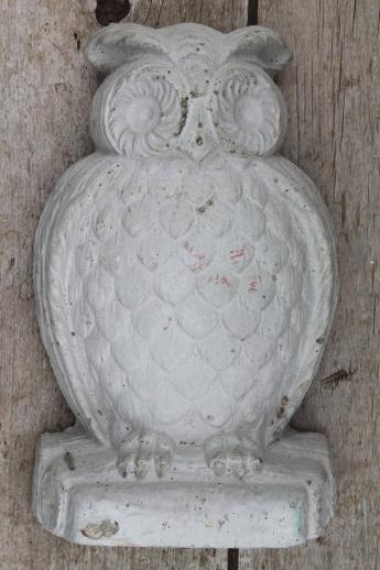 collection of old cement owls, owl doorstops or rustic garden ornaments 