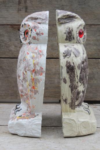 collection of old cement owls, owl doorstops or rustic garden ornaments 