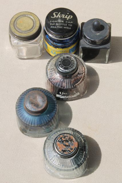 collection of old glass ink bottles, vintage advertising label bottle lot