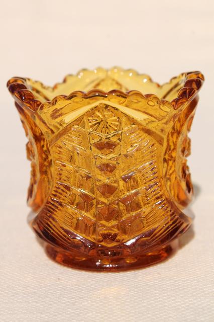 collection of pressed glass toothpicks or match holders, amber & crystal clear glass