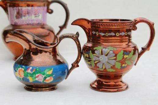 collection of shabby antique silver luster & copper luster china, tea pot & jugs