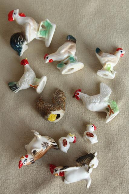 collection of tiny vintage chickens, bone china miniature animals hens chicks roosters