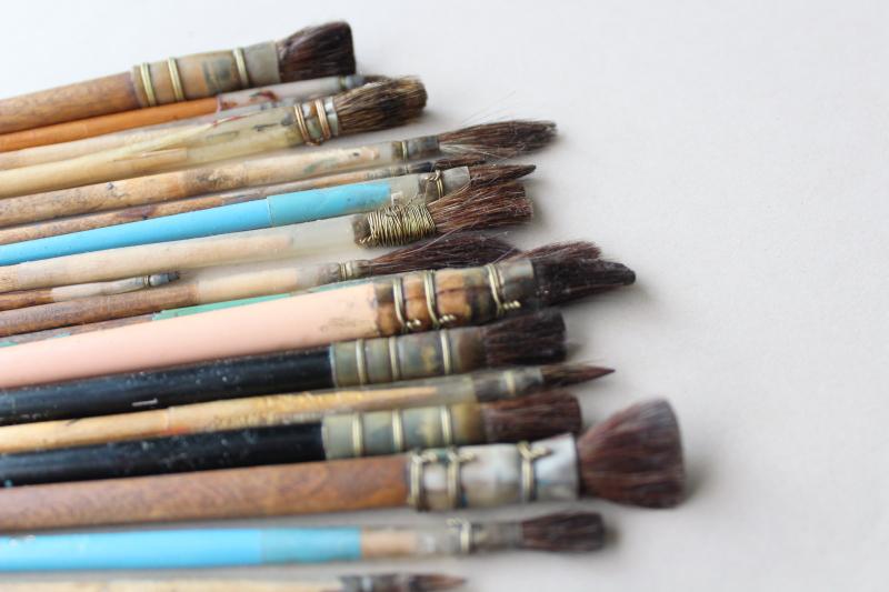 collection of vintage artists paint brushes, wire wrapped natural bristle paintbrushes