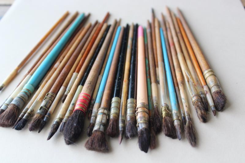 collection of vintage artists paint brushes, wire wrapped natural bristle paintbrushes
