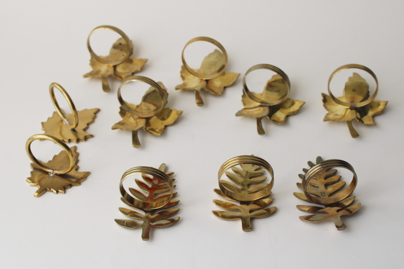 collection of vintage brass leaf napkin rings, different leaves  ferns solid brass