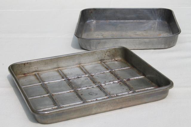 collection of vintage cake pans, pie plates & bread loaf baking tins w/  nice old patina