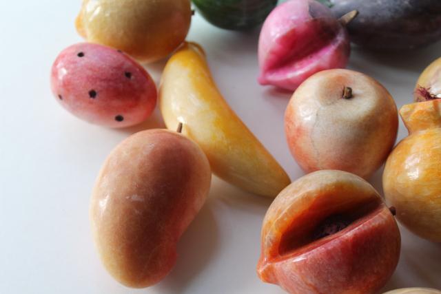 collection of vintage carved stone fruit, dyed marble or onyx made in Mexico