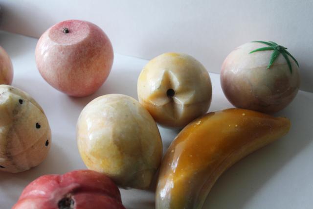 collection of vintage carved stone fruit, dyed marble or onyx made in Mexico