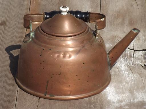 collection of vintage copper kettles, whistling tea kettle & teapots
